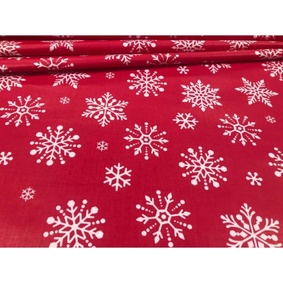 Tessuto di cotone - Grandi fiocchi di neve bianchi di Natale su rosso
