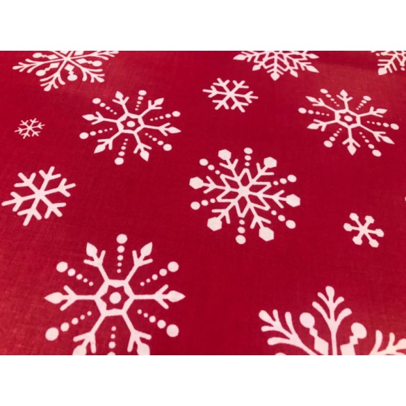 Tessuto di cotone - Grandi fiocchi di neve bianchi di Natale su rosso