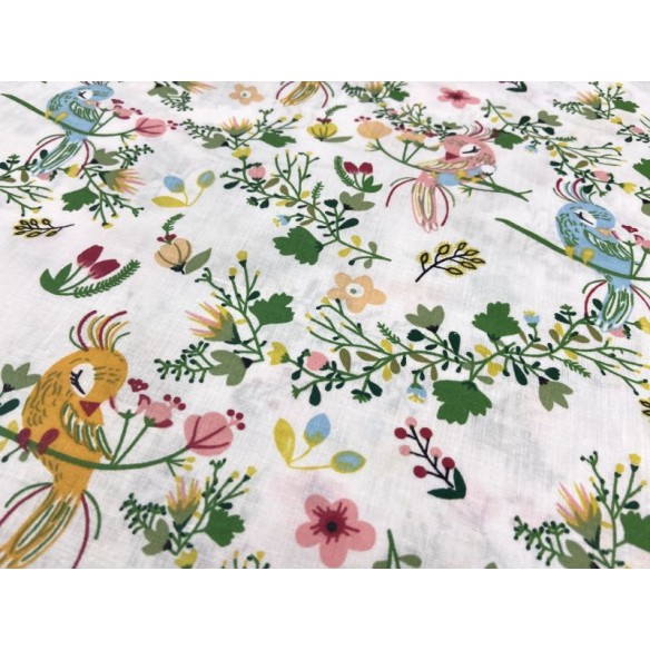 Tessuto di cotone - Pappagalli e fiori su bianco