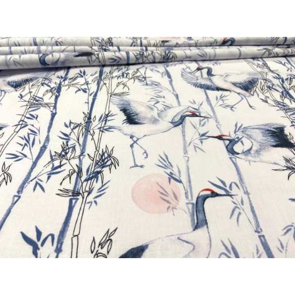 Tessuto di cotone - Gru di fiori e uccelli su bianco