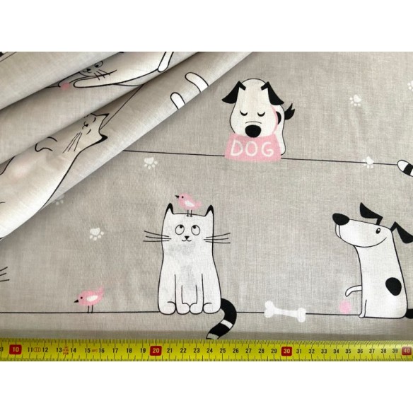 Tessuto di cotone - Cani e gatti in fila