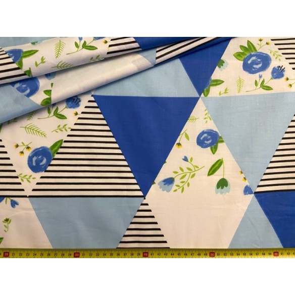 Tessuto di cotone - Patchwork Triangoli e Fiori Blu