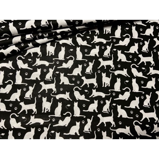 Tessuto di cotone - Gatti e zampe su nero