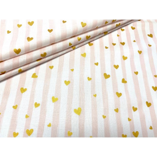 Tessuto di cotone - Cuori dorati su strisce