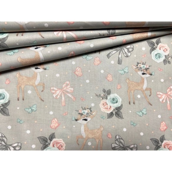 Tessuto di cotone - fiori di cervo e fiocco su grigio