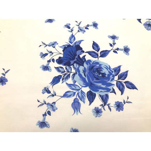 Tessuto di cotone - Rose blu su bianco
