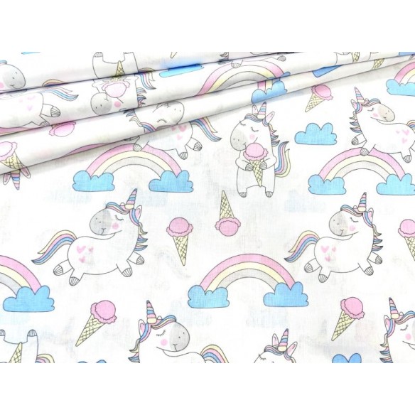 Tessuto di cotone - Unicorni arcobaleno e gelato bianco