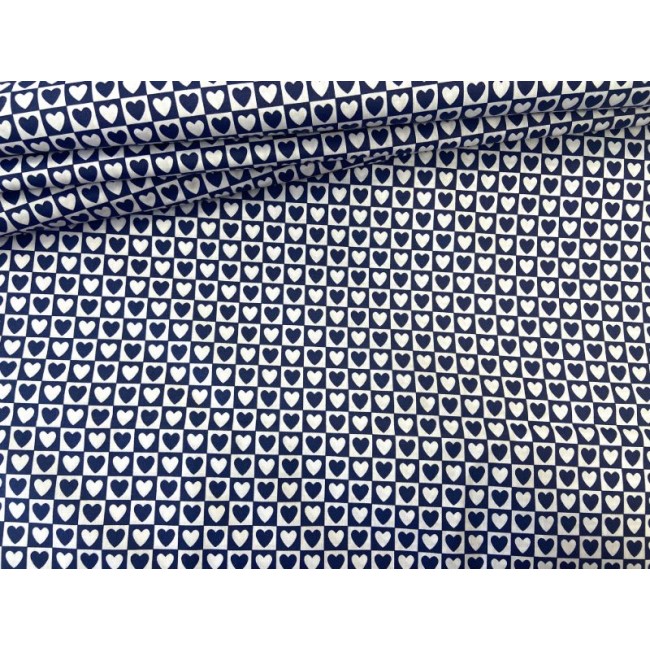 Tessuto di cotone - Cuori blu navy in quadrato