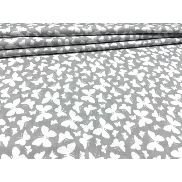 Tessuto di cotone - Piccole farfalle bianche su grigio