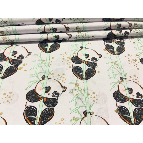 Tessuto di cotone - Panda con bambù su bianco
