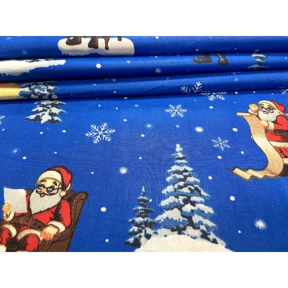 Tessuto di cotone - Natale Babbo Natale Cottages Blu