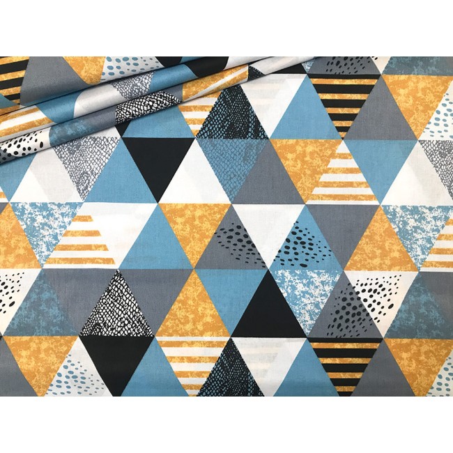 Tessuto di cotone - Triangoli blu grigi e gialli