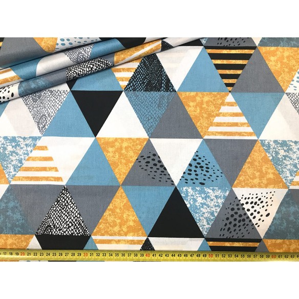 Tessuto di cotone - Triangoli blu grigi e gialli