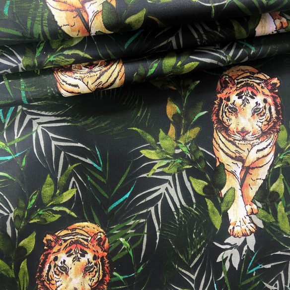 Tessuto di cotone - Tigri e foglie su nero