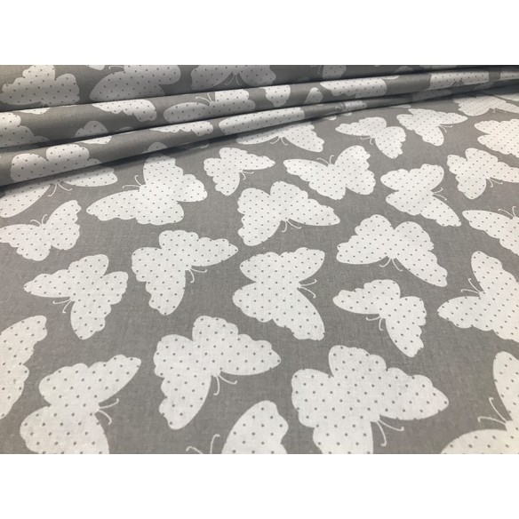 Tessuto di cotone - Farfalle bianche su grigio