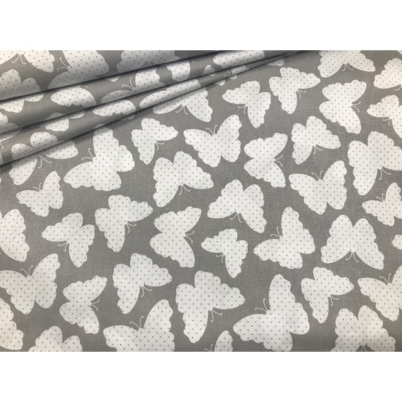 Tessuto di cotone - Farfalle bianche su grigio