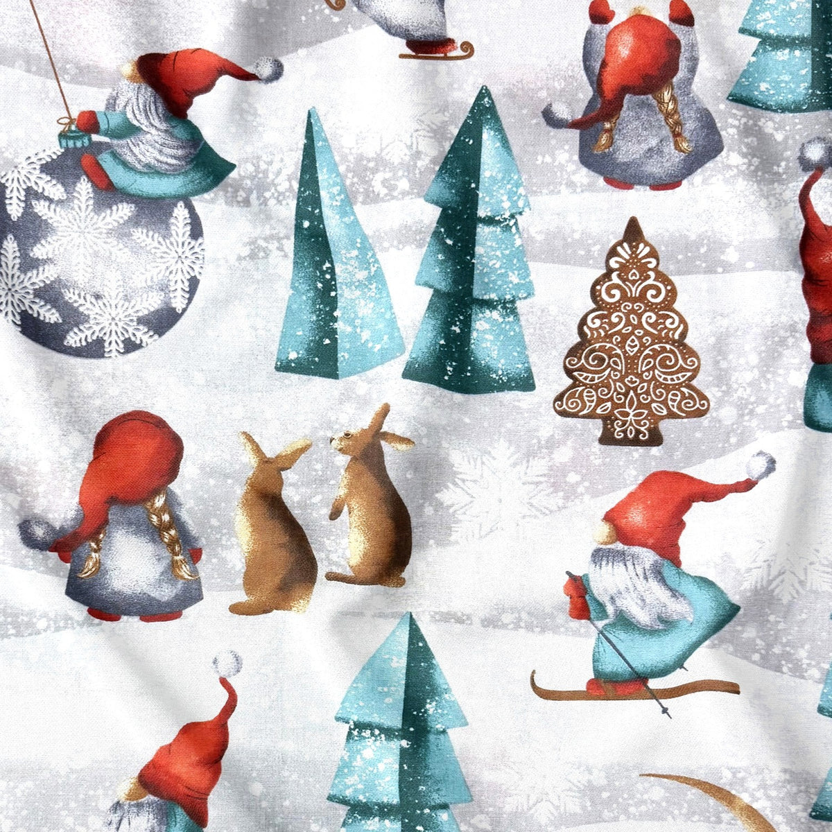 Tessuto di cotone - gnomi e alberi di Natale II
