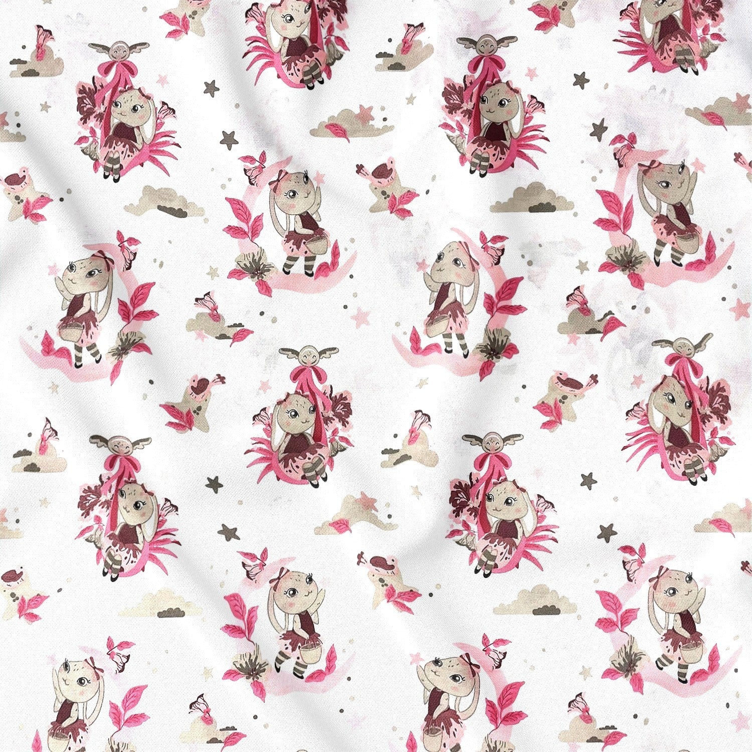 Cotton Fabric - Bunnies and moons, Pink