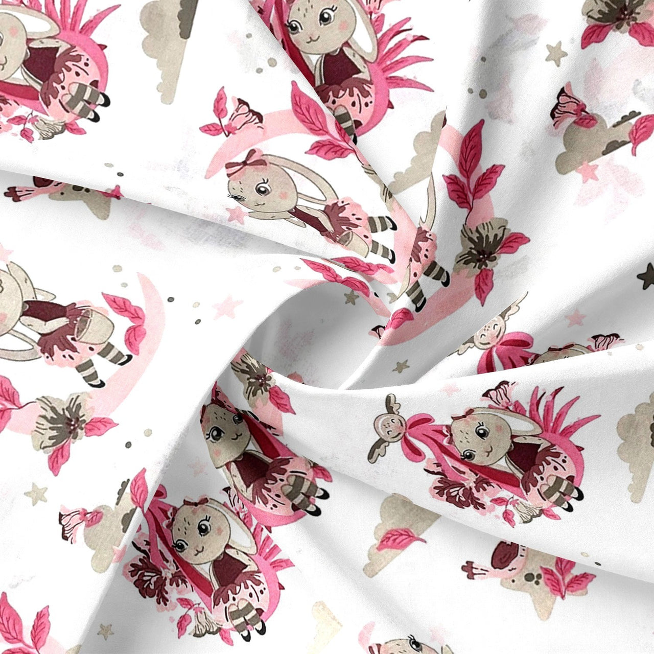 Cotton Fabric - Bunnies and moons, Pink