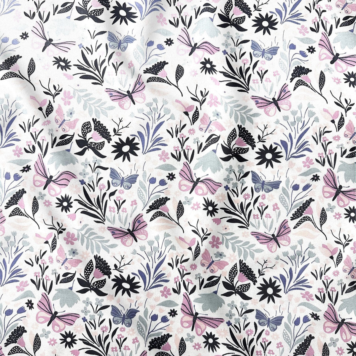 Cotton Fabric - Butterflies, Purple and pink