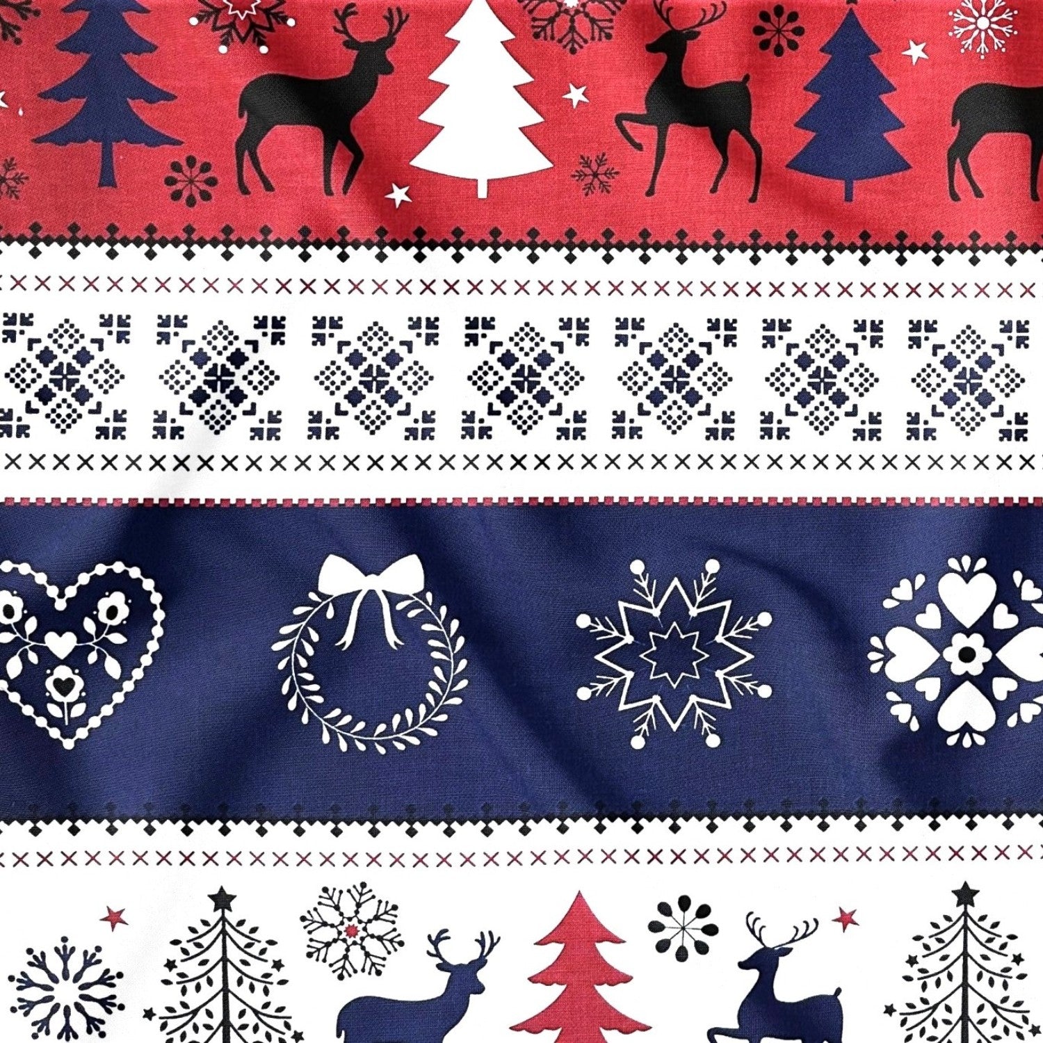 Cotton Fabric - Christmas Scandinavian Reindeer Red and Navy Blue