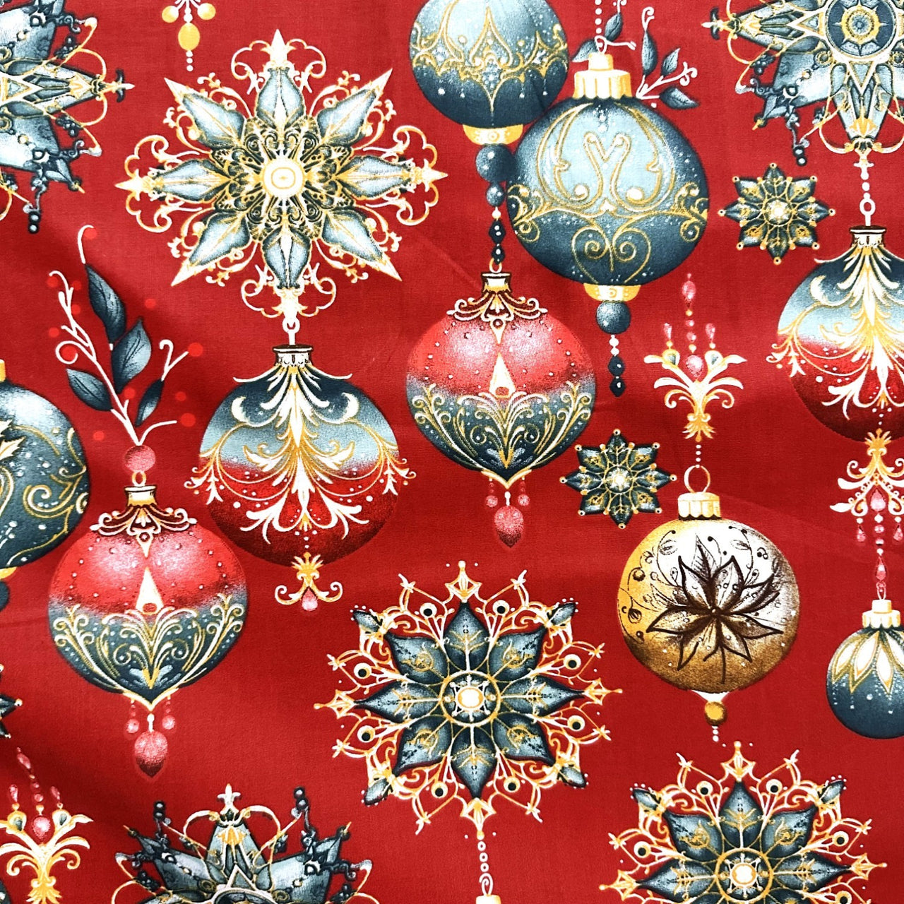 Cotton Fabric - Christmas decorative red baubles