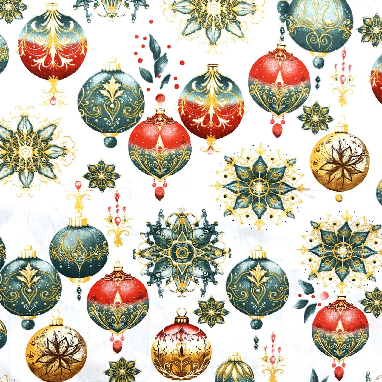 Cotton Fabric - Christmas decorative white baubles