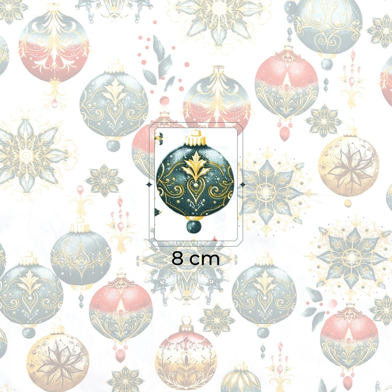 Cotton Fabric - Christmas decorative white baubles