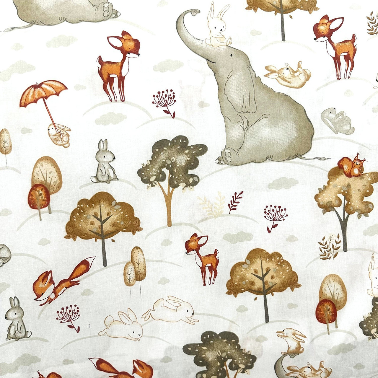 Cotton Fabric - Elephants with animals, beige