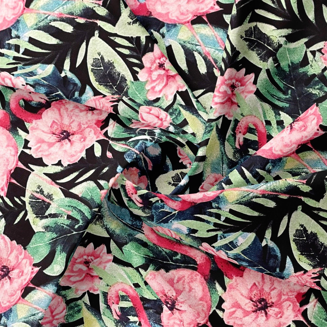 Cotton Fabric - Flamingos in Rose Flowers and Leaves