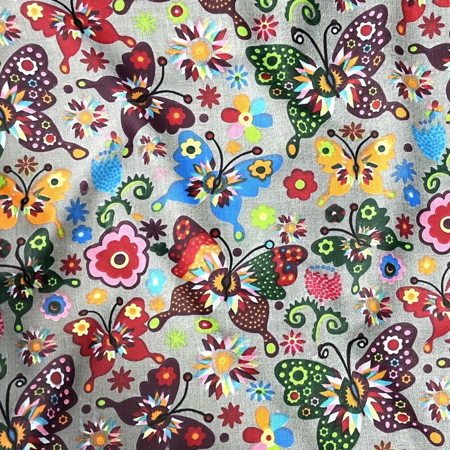 Cotton Fabric - Folk Butterflies Gray