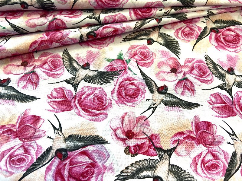 Cotton Fabric - Hummingbird with Roses