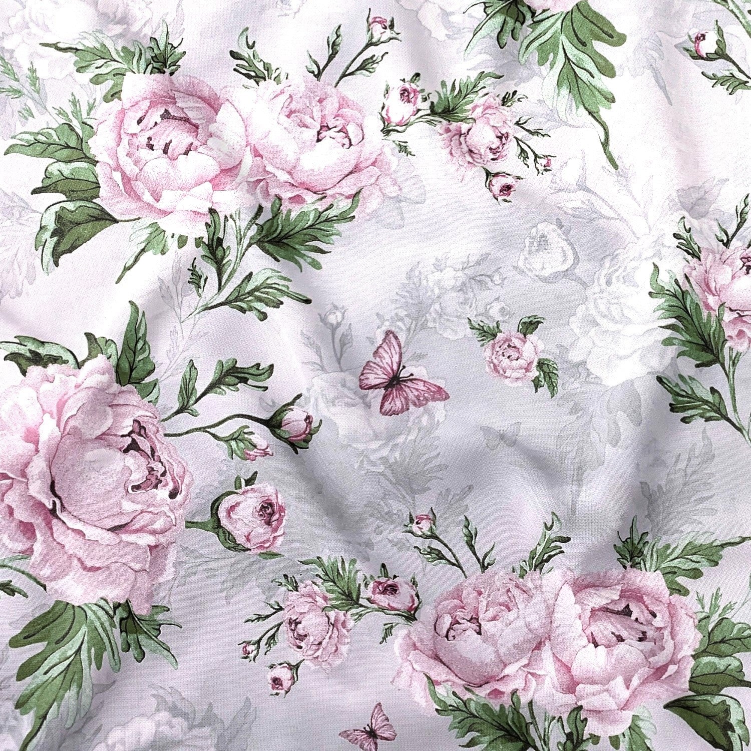Cotton Fabric - Peony Flowers, Gray