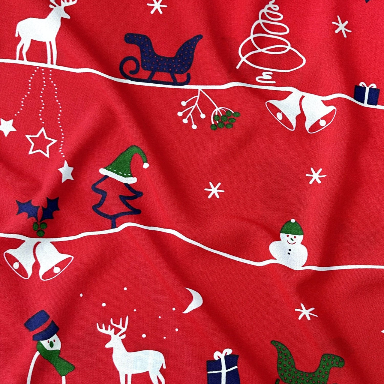 Cotton Fabric - Snowman, reindeer and Christmas trees