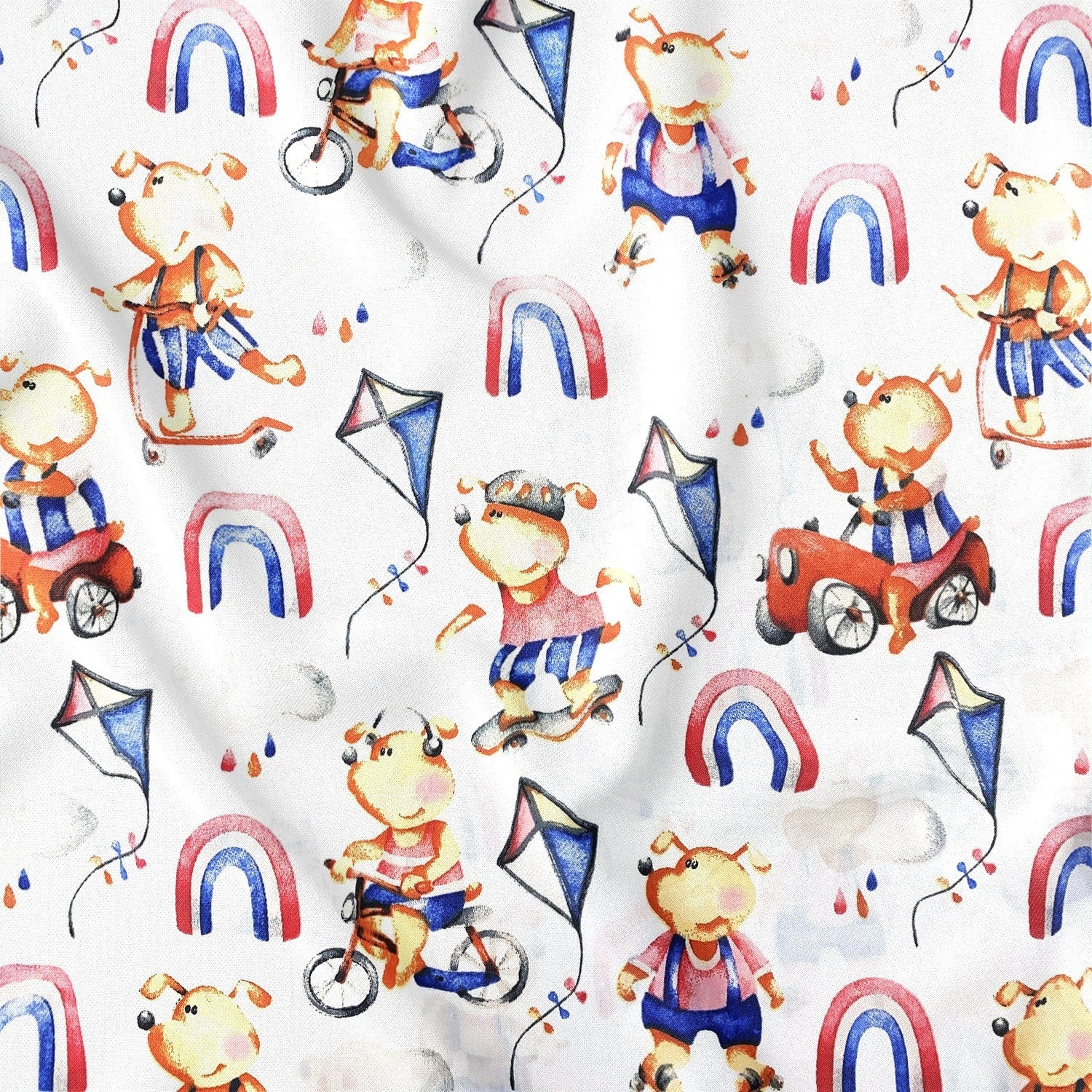 Cotton Fabric - Teddy Bears and Rainbow, blue