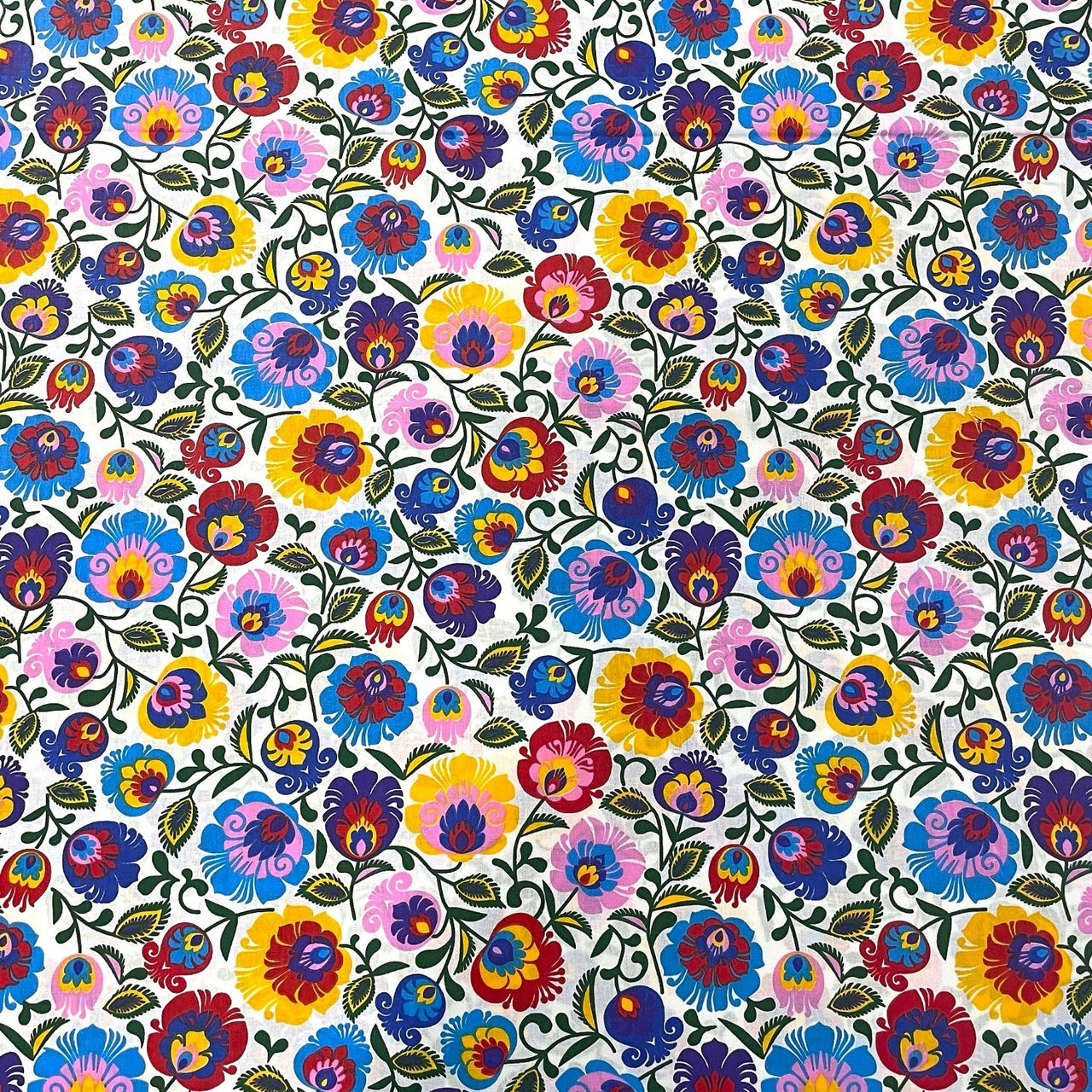 Cotton Fabric - Łowicz Folklore Pattern White