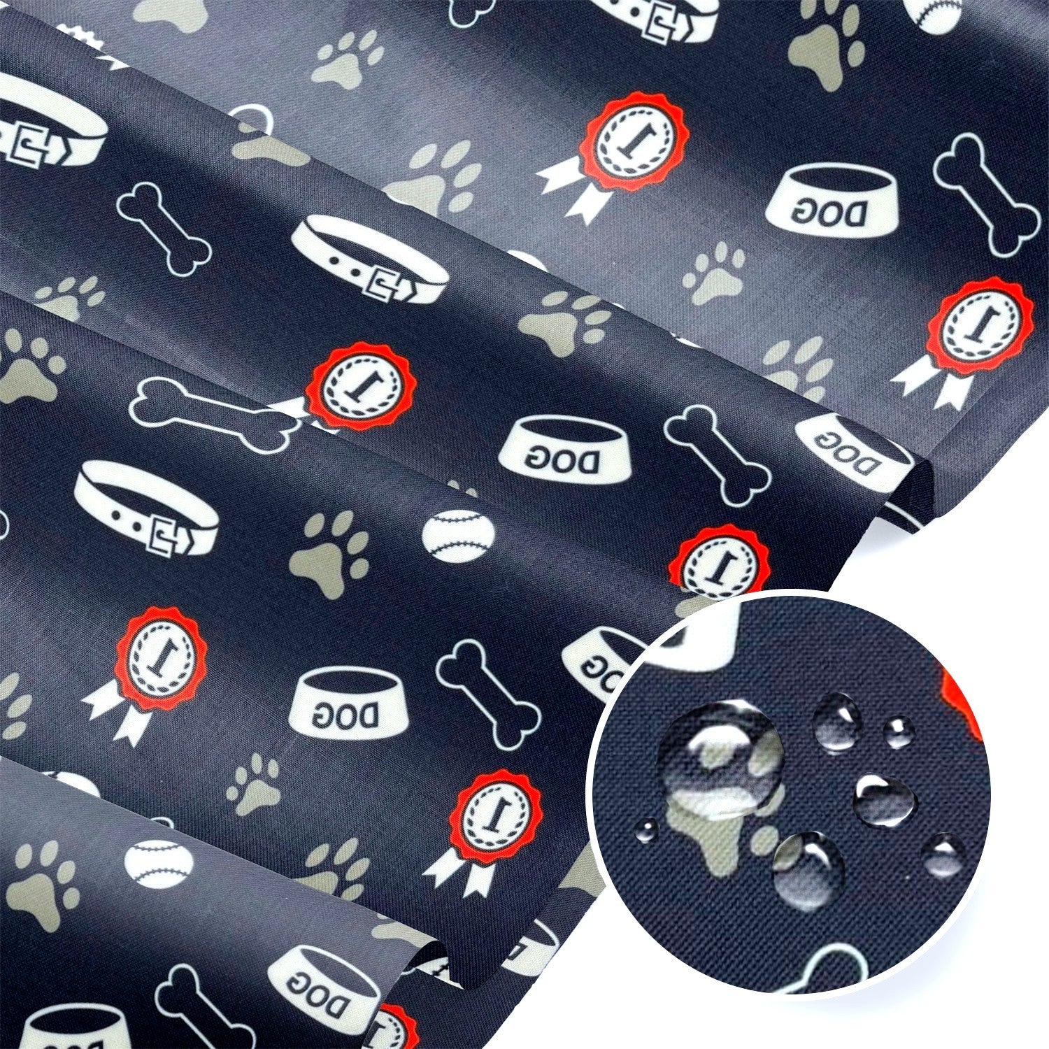 Water Resistant Fabric Oxford - Dog's paw, bowl and medal - Navy